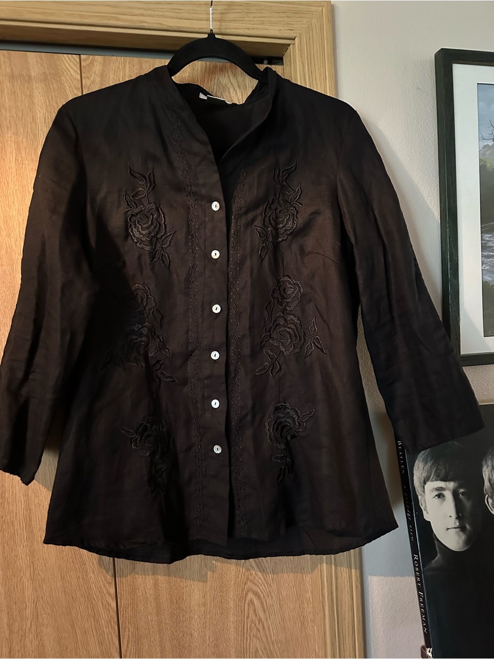 Edward brand black Embroidered Button-Front Women's Top